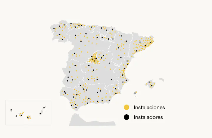 Mapa que muestra la red de instaladores e instalaciones de SotySolar por toda España