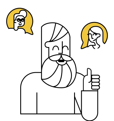 Ilustración de una persona sonriente hablando con otras dos personas que aparecen en unas viñetas 