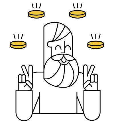 Ilustración de una persona que hace el signo de la victoria con los dedos rodeada de monedas